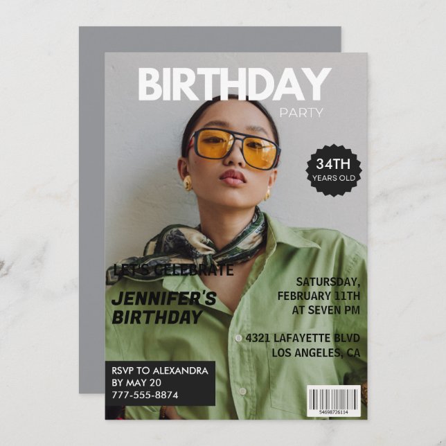 Magazine Cover Stylish for her Photo 34th birthday Invitation (Front/Back)