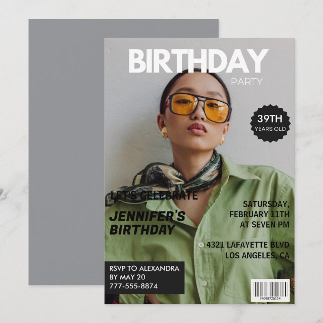 Magazine Cover Stylish for her Photo 39th birthday Invitation (Front/Back)