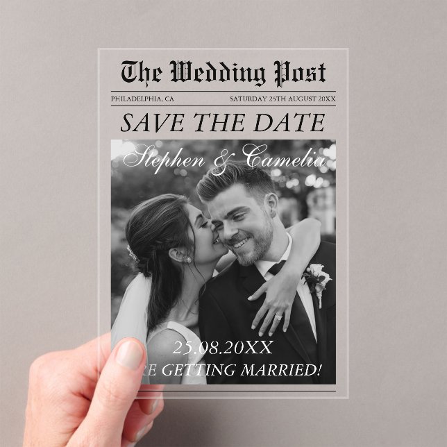 Magazine Editorial Newspaper Wedding Save the Date Acrylic Invitations (Insitu (Handheld))
