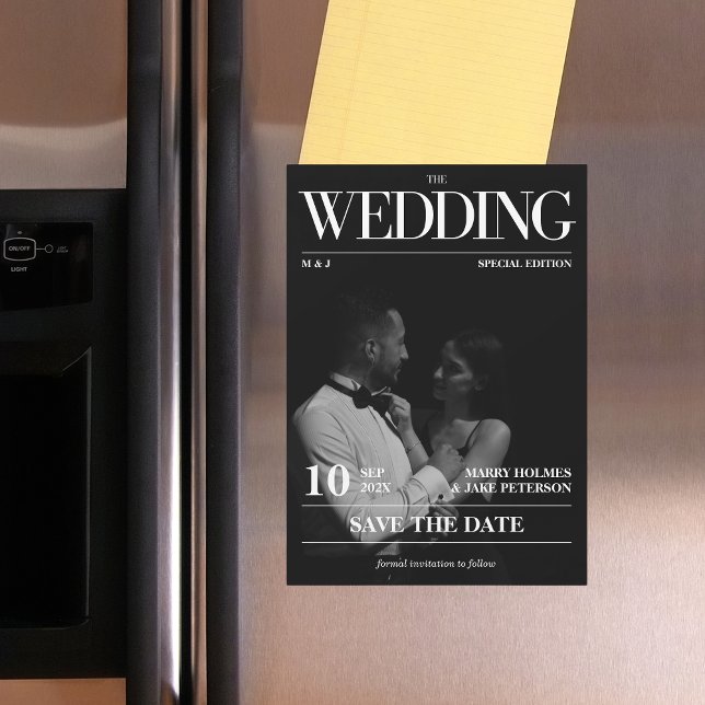 Magazine Editorial Newspaper Wedding Save the Date Magnetic Invitation (Magnetic Save the Date Wedding Magazine Cover)