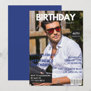 Magazine Navy blue Photo Funny 46th birthday Invitation