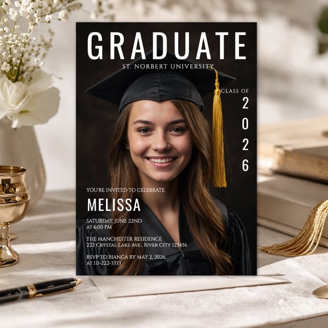 Magazine Style Photo Graduation Invite (Modern magazine-style graduation invite with photo, clean layout, and elegant black design.)