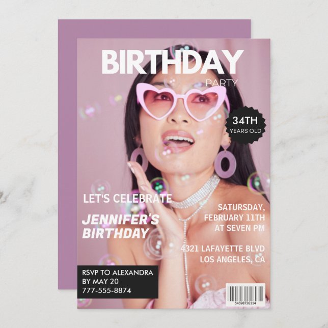  Magazine Stylish Photo 34th birthday invitations  (Front/Back)