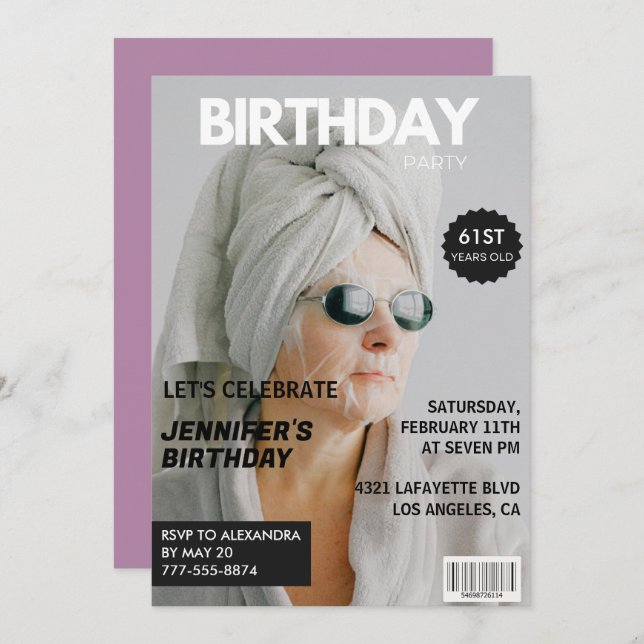  Magazine Stylish Photo 61st birthday invitations  (Front/Back)