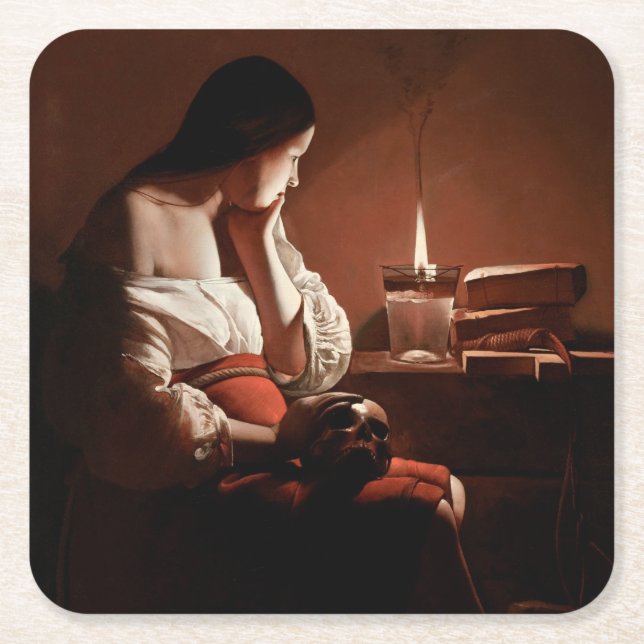 Magdalene with the Smoking Flame, La Tour Square Paper Coaster (Front)