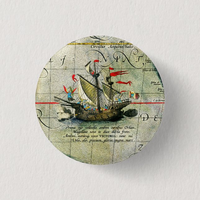 Magellans ship Victoria, Antique Map Pacific Ocean 3 Cm Round Badge (Front)