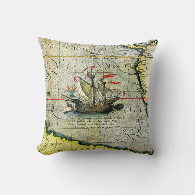 Magellans ship Victoria, Antique Map Pacific Ocean Cushion (Front)
