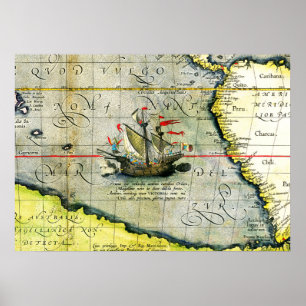 Magellans ship Victoria, Antique Map Pacific Ocean Poster