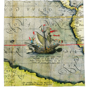Magellans ship Victoria, Antique Map Pacific Ocean Shower Curtain