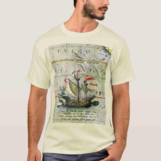 Magellans ship Victoria, Antique Map Pacific Ocean T-Shirt (Front)