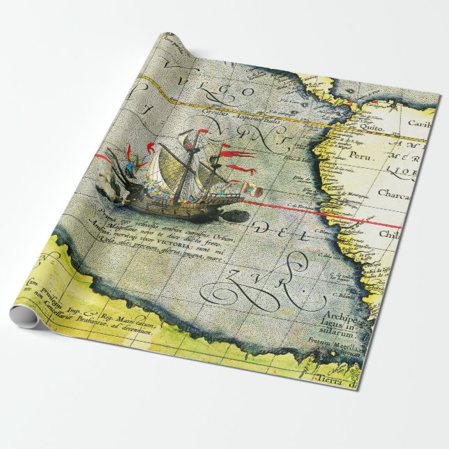 Magellans ship Victoria, Antique Map Pacific Ocean Wrapping Paper (Unrolled)