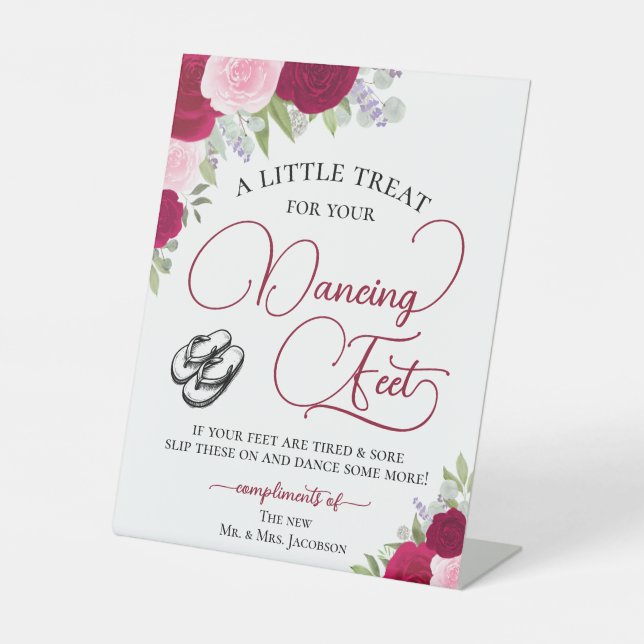 Magena Pink Roses Dancing Feet Flip Flop Wedding  Pedestal Sign (Front)