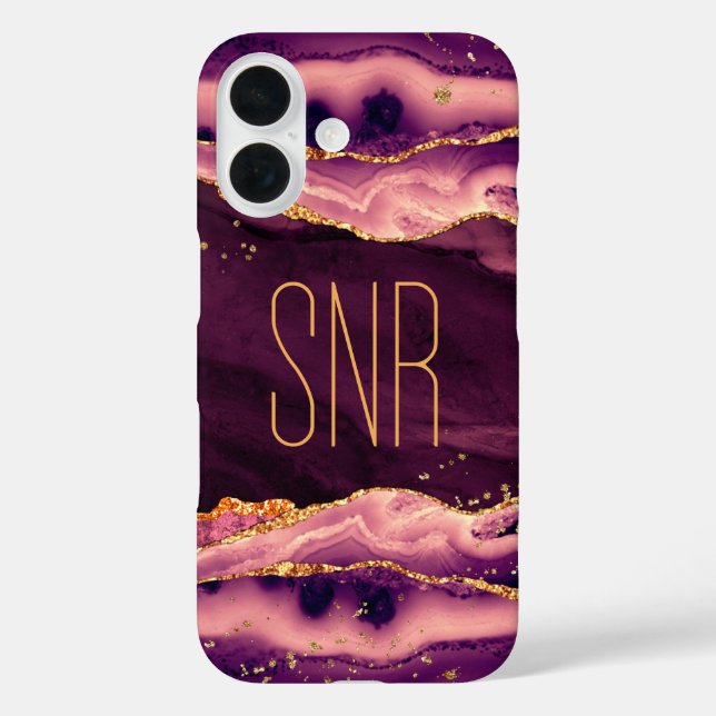 Magenta Agate Geode Monogram Name Gold Glitter Case-Mate iPhone Case (Back)