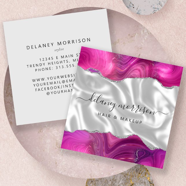 Magenta Agate Silver Glitter White Luxury Square Business Card (Creator Uploaded)