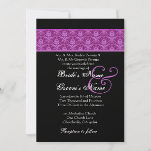 Magenta and Black  Damask Wedding Invitation