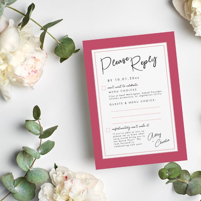 Magenta and Black Modern Wedding Reply RSVP Card (Creator Uploaded)
