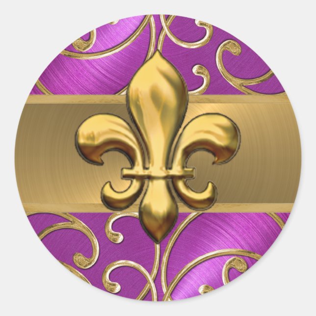 Magenta and Gold Filigree Swirls Fleur de Lis Classic Round Sticker (Front)