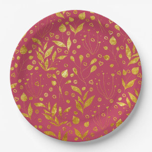 Magenta and Gold Leaves Paper Plate