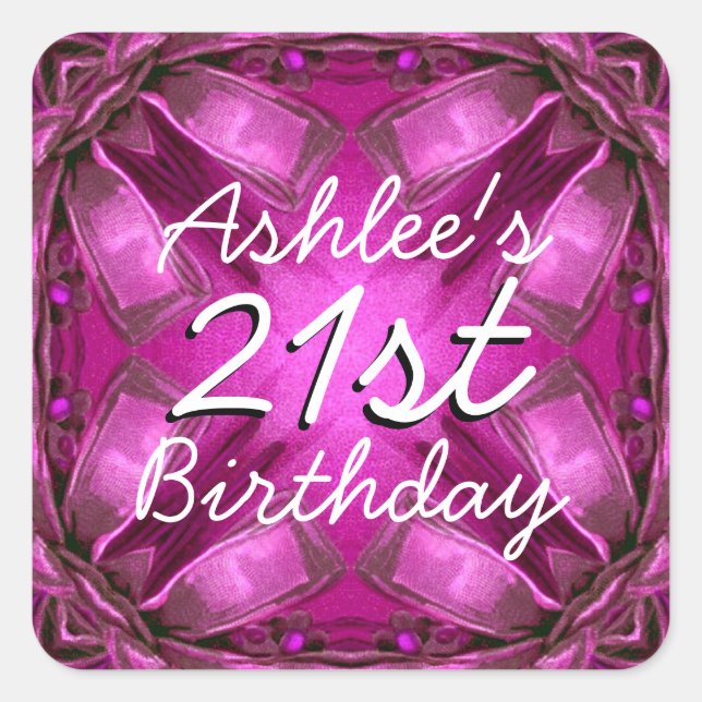 Magenta and Pink Bows 21st Birthday Custom Name V2 Square Sticker (Front)