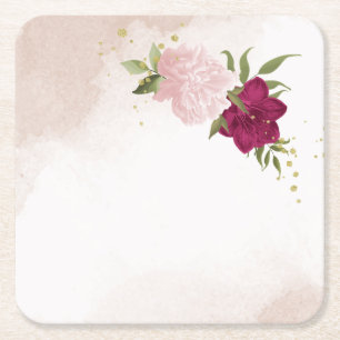 magenta and pink flowers greenery wedding square paper coaster