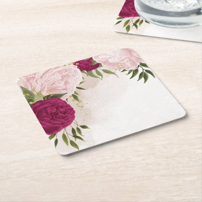 magenta and pink flowers greenery wedding  square paper coaster (Angled)