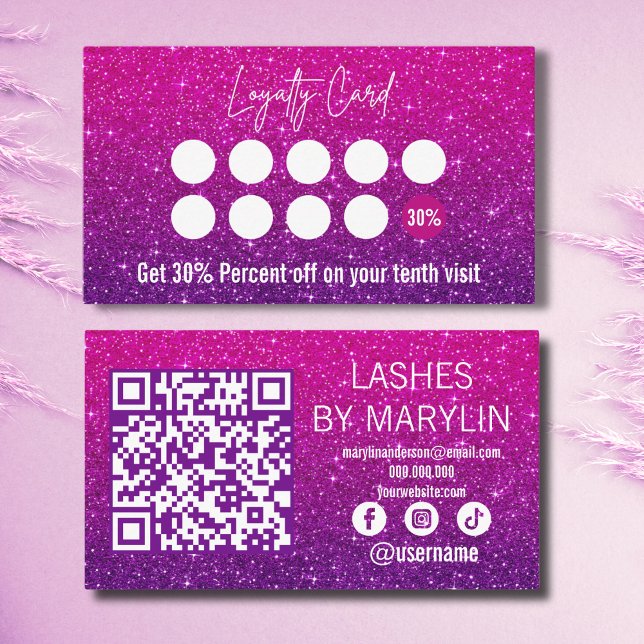 Magenta and Purple Ombre Glitter Lash Technician Loyalty Card (Creator Uploaded)