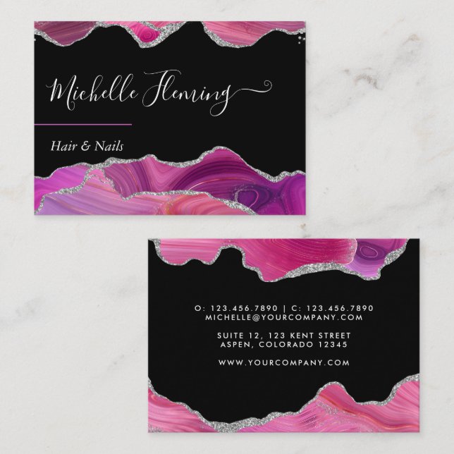 Magenta and Silver Agate Square Business Card (Front/Back)