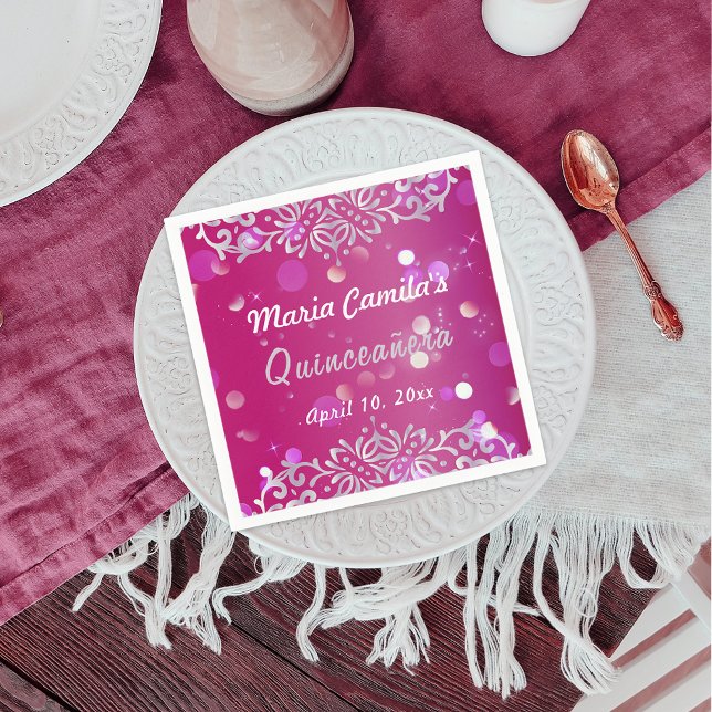 Magenta And Silver Elegant Shimmery Quinceañera Napkin (Creator Uploaded)