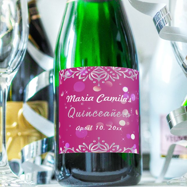 Magenta And Silver Elegant Shimmery Quinceañera Sparkling Wine Label (Creator Uploaded)