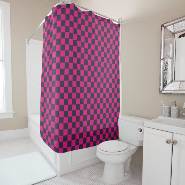 Magenta and smoke checkerboard pattern shower curtain (In Situ)