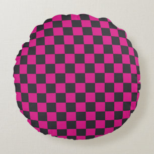 Magenta and smoke chequerboard pattern round cushion