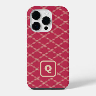 Magenta and Tan Monogrammed Art Deco Diamonds iPhone 14 Pro Case