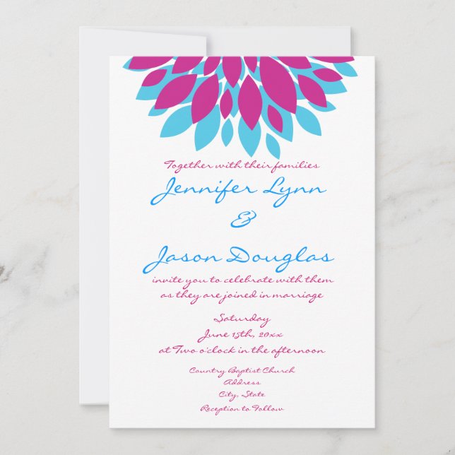 Magenta and Teal Flowers Wedding Invitations (Front)