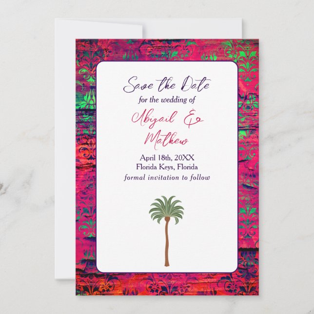 Magenta and Tropical Palm Tree India Wedding Save The Date (Front)