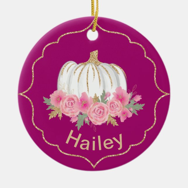 Magenta and White Fairytale Princess Pumpkin Ceramic Tree Decoration (Front)