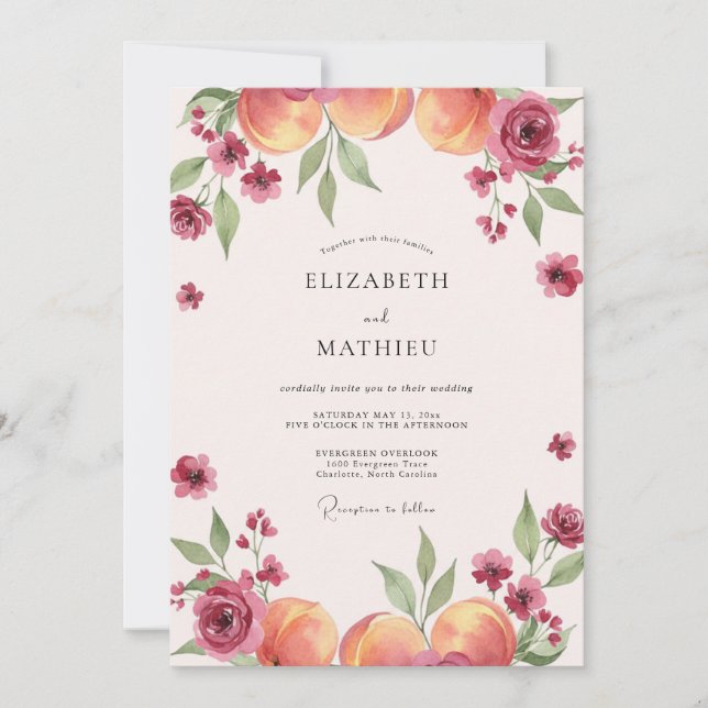 Magenta Apricot Fruit Eucalyptus Wedding Invitation (Front)
