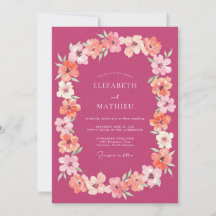 Magenta Apricot Wreath Wedding Invitation