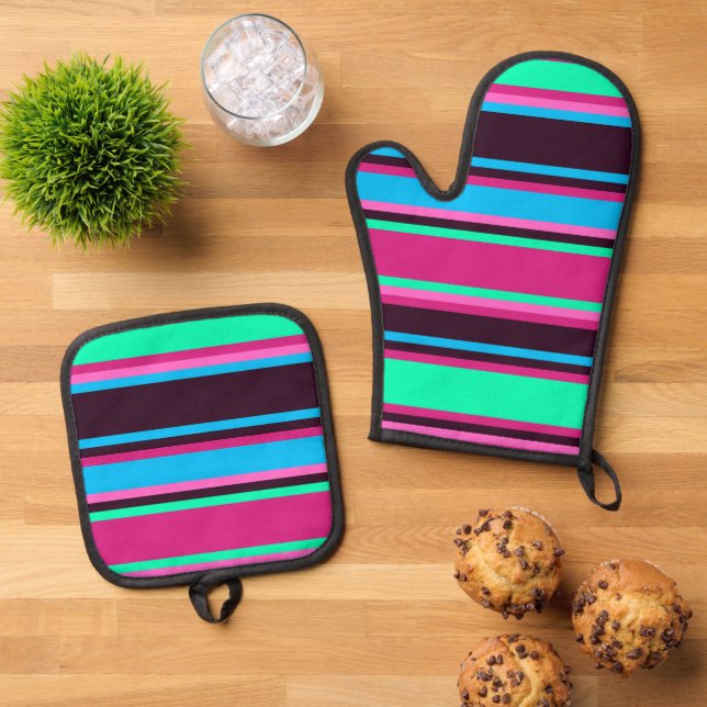 Magenta, Aqua, & Blue Striped Oven Mitt Set (Top Down)