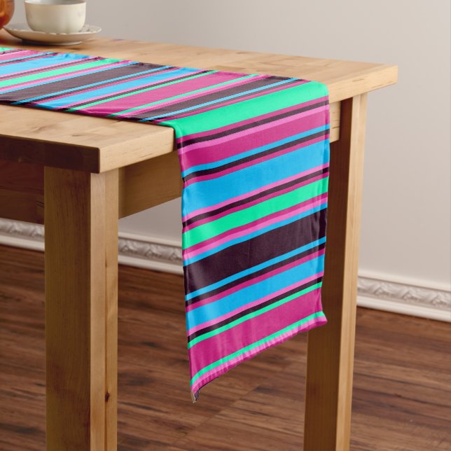 Magenta, Aqua, & Blue Striped Table Runner (In Situ)