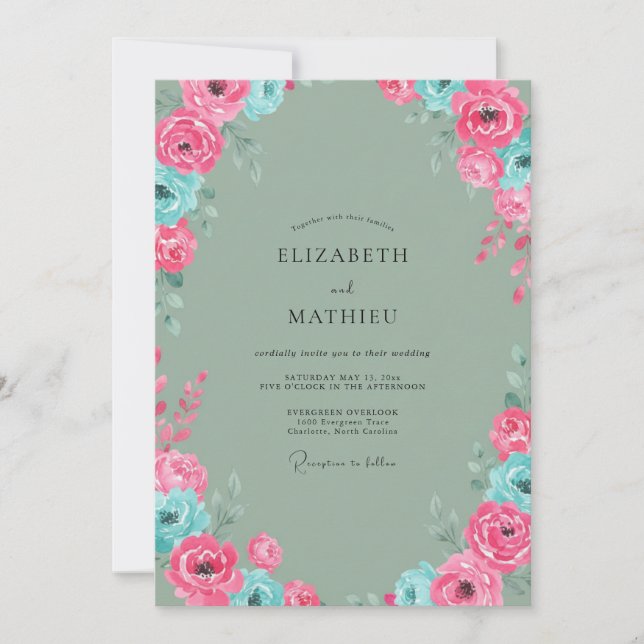 Magenta Aqua Peony Wedding Invitation (Front)