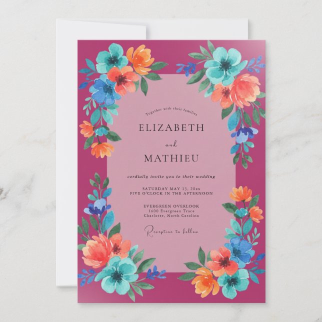 Magenta Aqua Wildflower Wedding Invitation (Front)