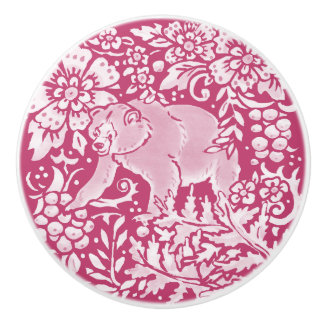 Magenta Bear Floral Forest Woodland Burgundy Ceramic Knob