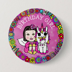 Magenta Birthday Girl Fairy and Unicorn Button