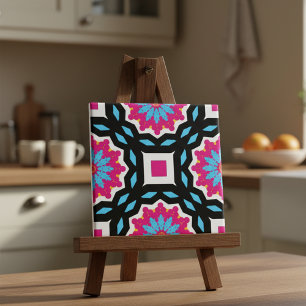 Magenta Black Blue White Mosaic Geometric Pattern Tile