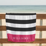 Magenta | Black & White Stripe Personalised Beach Towel<br><div class="desc">Preppy chic personalised beach towel in black and magenta pink features classic wide black and white stripes,  with your name or choice of personalisation along the bottom in bold white lettering on a band of vibrant fuchsia pink.</div>