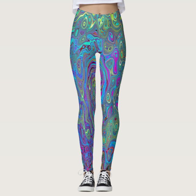 Magenta, Blue and Sea Foam Green Retro Swirl Leggings (Front)