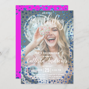 Magenta Blue Glitter Confetti Photo Birthday Invitation