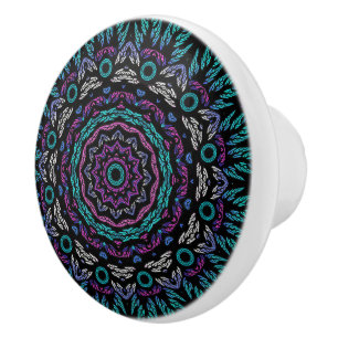 Magenta Blue Teal Gothic Stained Glass Mandala Ceramic Knob