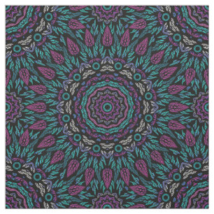Magenta Blue Teal Gothic Stained Glass Mandala  Fabric