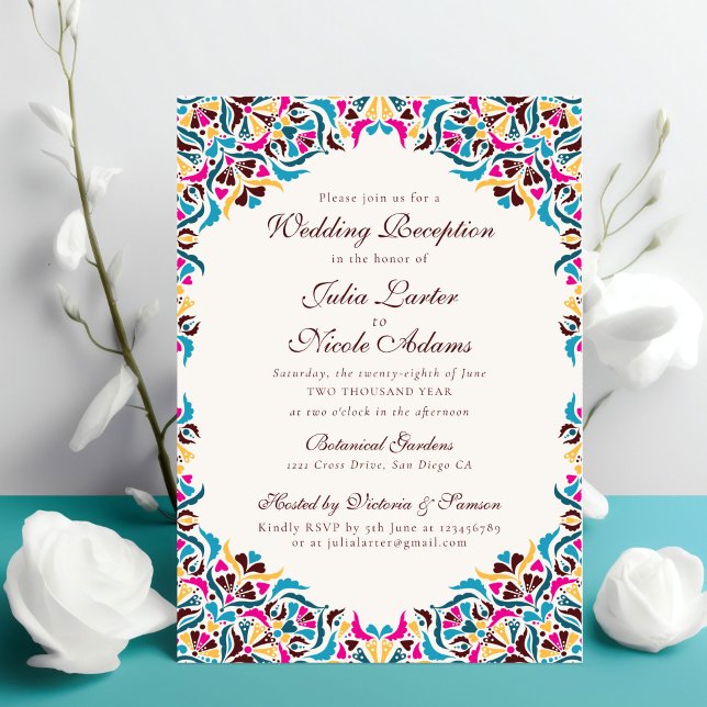 Magenta Blue Whimsical Floral Mandala Wedding Invitation (Creator Uploaded)